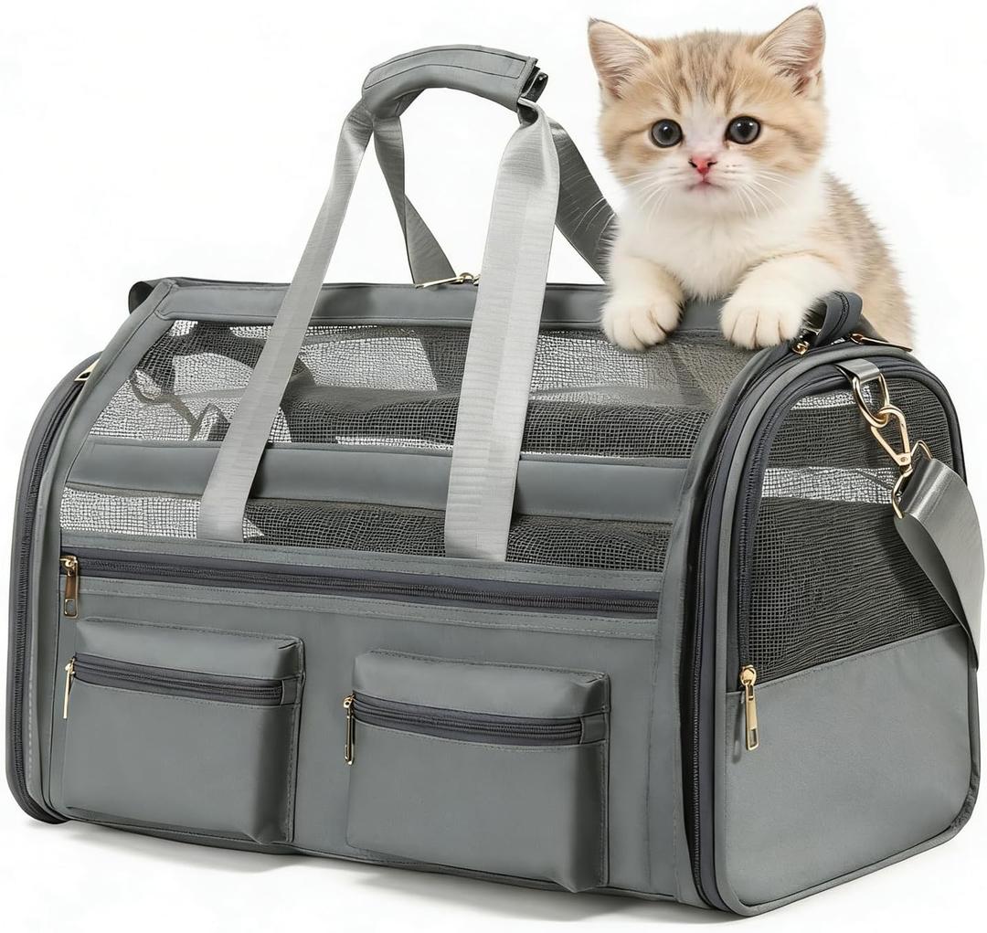 Cat Carrier, Small Dog Carrier for Small Medium Pets Up to 15 LbsPet Carrier Airline Approved,Soft-Sided Puppy Travel Bag with Safety Zippers,Chihuahua Carry Case, Kitty Cloth Cage,Grey