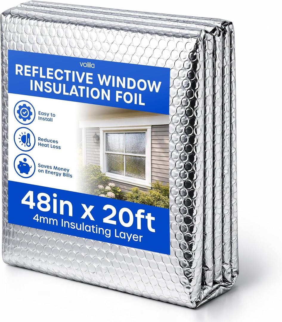 Reflective Window Insulation Foil, Double Side Aluminum Foil Bubble Insulation for Windows, RVs, Garages Door (48in x 20ft)