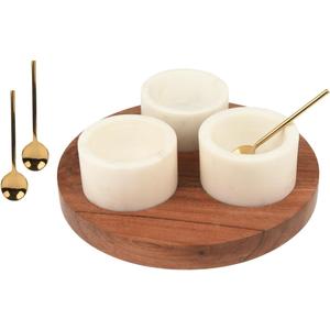 Cruiser’s Caché 3 Piece White Marble Salt Cellars with Tray and Gold Spoons