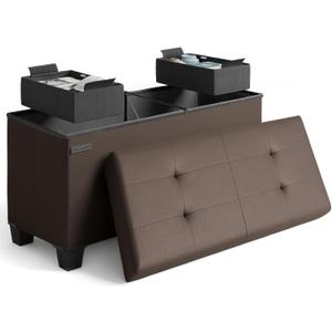 Storage Ottoman Bench with Bins, 30-in Storage Bench for Bedroom End of Bed, Folding Foot Rest Ottoman for Living Room Max 660lbs, Faux Leather Ottomans, Brown