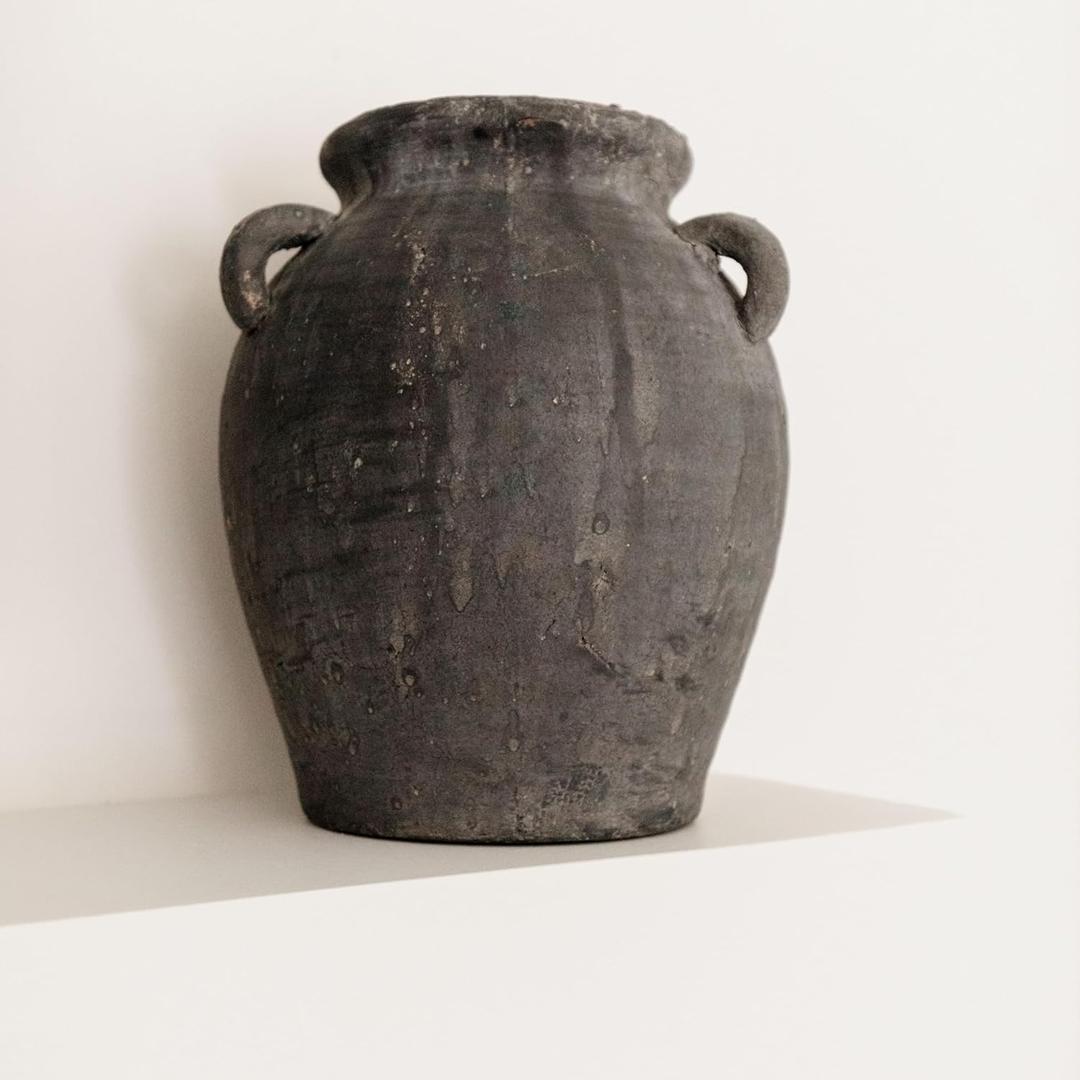 Mulberry Lane Co. Handmade Black Vase - 9.5'' Tall, Black Ceramic Vase, Antique Decor with 3 Ear Design, Wide Mouth, Non-Slip Bottom, Matte Finish for Home Decor, jarrones decorativos para sala
