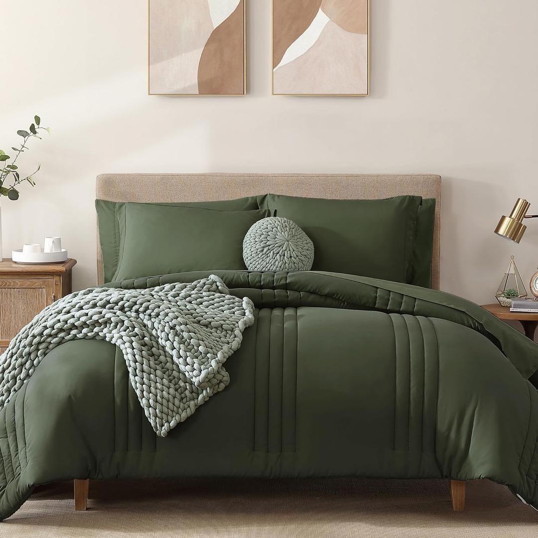Monbix Queen Comforter Set - 7 Pieces Olive Green Bed in a Bag Queen Bedding Sets with Comforters, All Seasons Comforter Bed Set with Sheets, Pillowcases & Shams