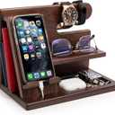 TESLYAR Wood Phone Docking Station for Men  Desktop or Nightstand Organizer  Birthday Gifts for Men, Dad  Anniversary Idea from Wife  Key Holder, Stand Wallet, Watch & Essentials (Bourbon Brown)