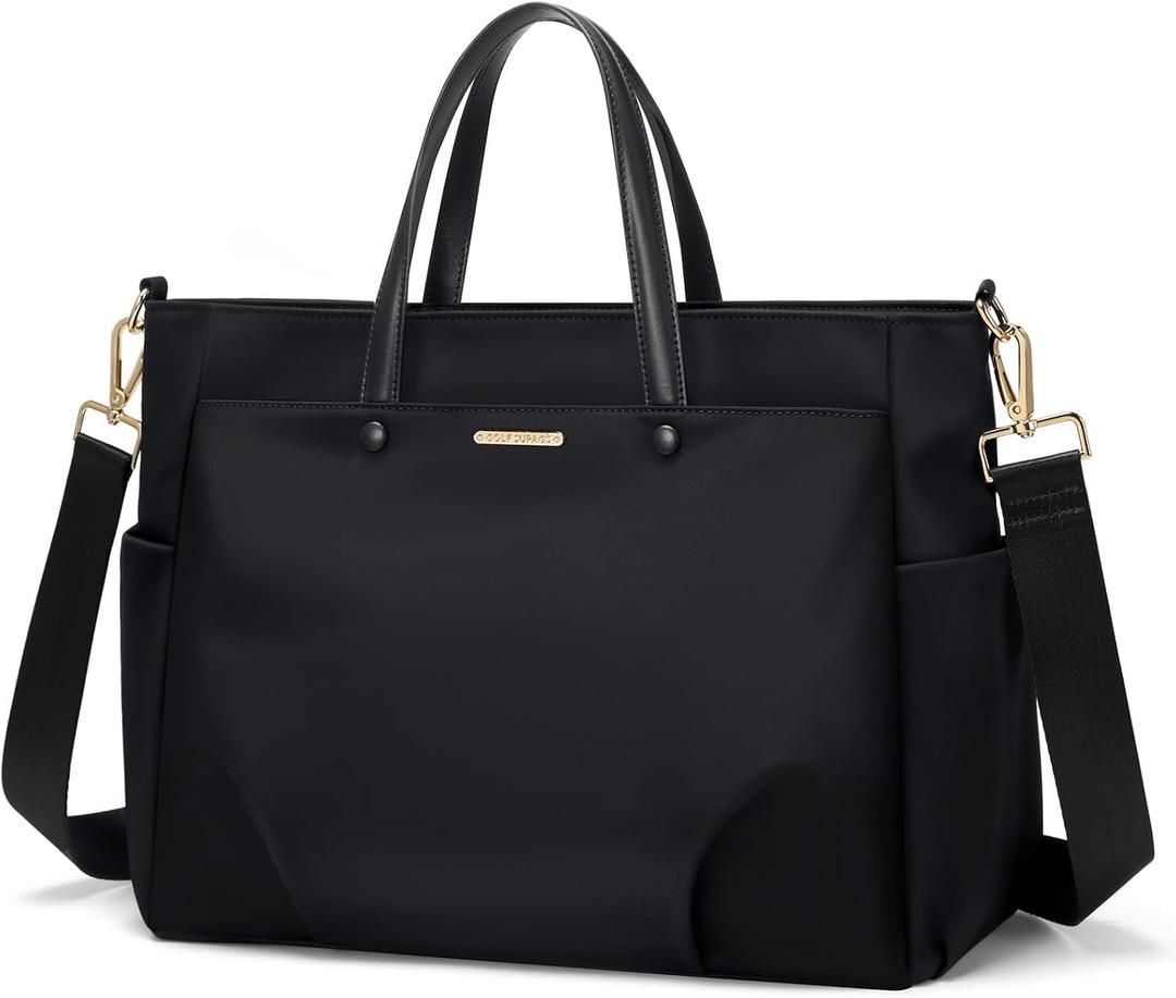 14 Inch Laptop Tote Bag for Women, Lightweight Nylon Work Shoulder Bag, Water-Resistant Computer Handbag with Pockets for Business Travel & Commute (Black)