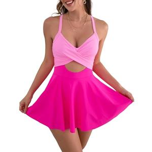 B2prity Women Cutout One Piece Skirt Swimsuit V Neck Tie Back Swimdress Tummy Control Bathing Suit Push up Swim Suit Hot Pink XL
