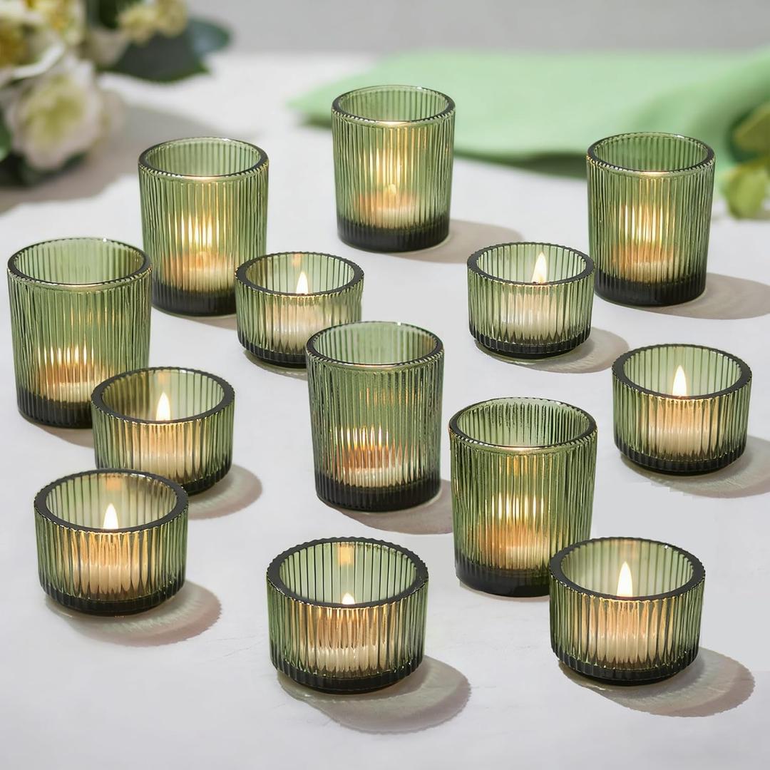 Hewory Glass Tealight Candle Holder: 24 Pcs Dark Green Votive Tea Lights Candle Holder, Ribbed Tea Light Holders Fall Decorations for Thanksgiving Table Centerpiece Wedding Party Home Decor