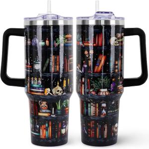 Book Lovers Gifts 40oz Tumbler with Handle and Straw Lid,Vacuum Insulated Leak Proof Tumbler bookish gifts for Women Readers Librarian,Book Accessories Stainless Steel Travel Mug,Skull Bookshelf