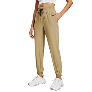 MIER Women's Lightweight Jogger Pants Quick Dry Running Athletic Hiking Travel Pants with Zipper Pockets, Light Brown, L