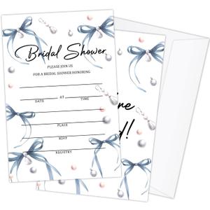 Blue Pearl Bow Bridal Shower Bachelorette Invites, 25 PCS Kit Wedding Invitation Bridal Shower Invitations with Envelopes For New Couples, Mr And Mrs, Newlyweds-03