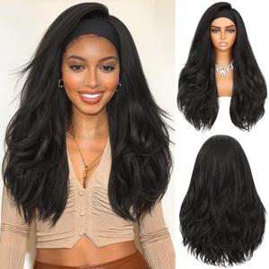 Lady Miranda 26 Inch Yaki Wavy Headband Wigs for Black Women Wear and Go Kinky Straight Headband Wig with Layered Blowout Texture Lightweight Glueless Half Wig Natural Looking Synthetic Wig