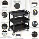 ELAFROS Multi-Use Utility Cart - 32.4x18.3 Heavy-Duty Service Cart with 3 Deep Shelves, Industrial-Grade Tool Cart Mobile Organizer, Rolling cart Holds up to 500 lbs, Black