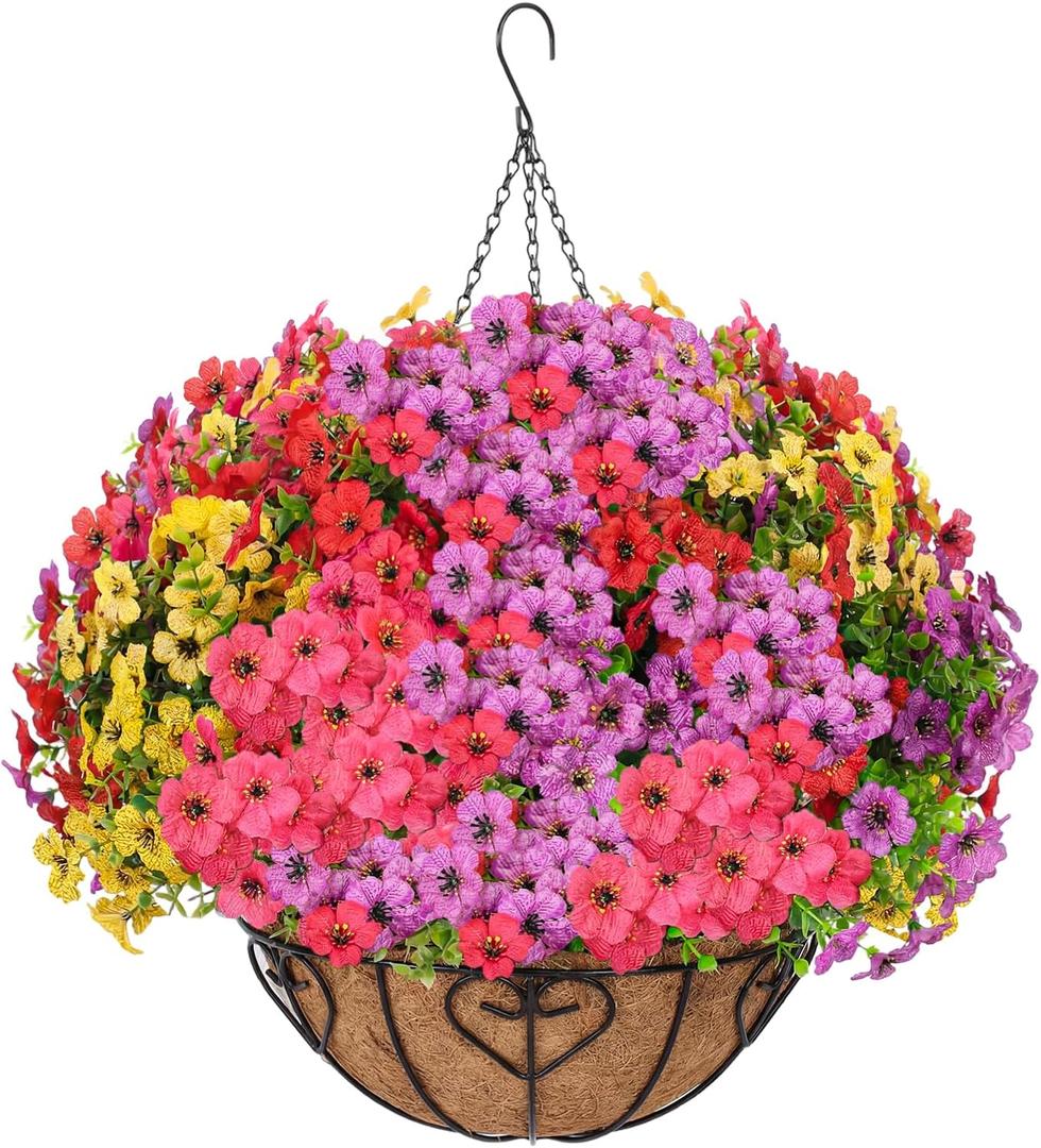Artificial Hanging Flower for Outdoors, Fake Hanging Basket for Outside,1 Hanging Basket with 13 Pcs Faux Silk Flowers for Porch, Balcony and Patio Decor (Mixed)