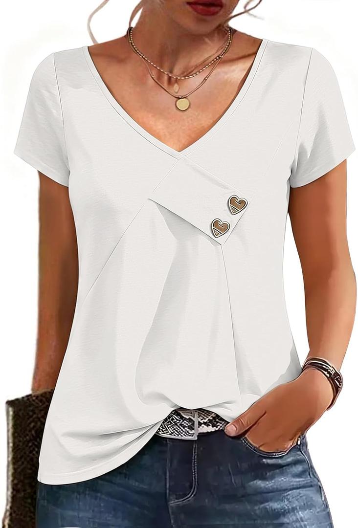 Womens Short Sleeve Summer Tops Button V Neck Tunic Shirts Dressy Casual Loose Fit Outfits (White, M)