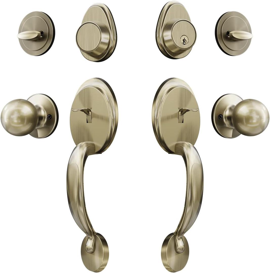 Double Door Handleset with Dummy Antique Brass Door Handle Sets Double Front Door Handles for Front Door or Office Door (Antique_1080), Antique Brass (for Double Door)