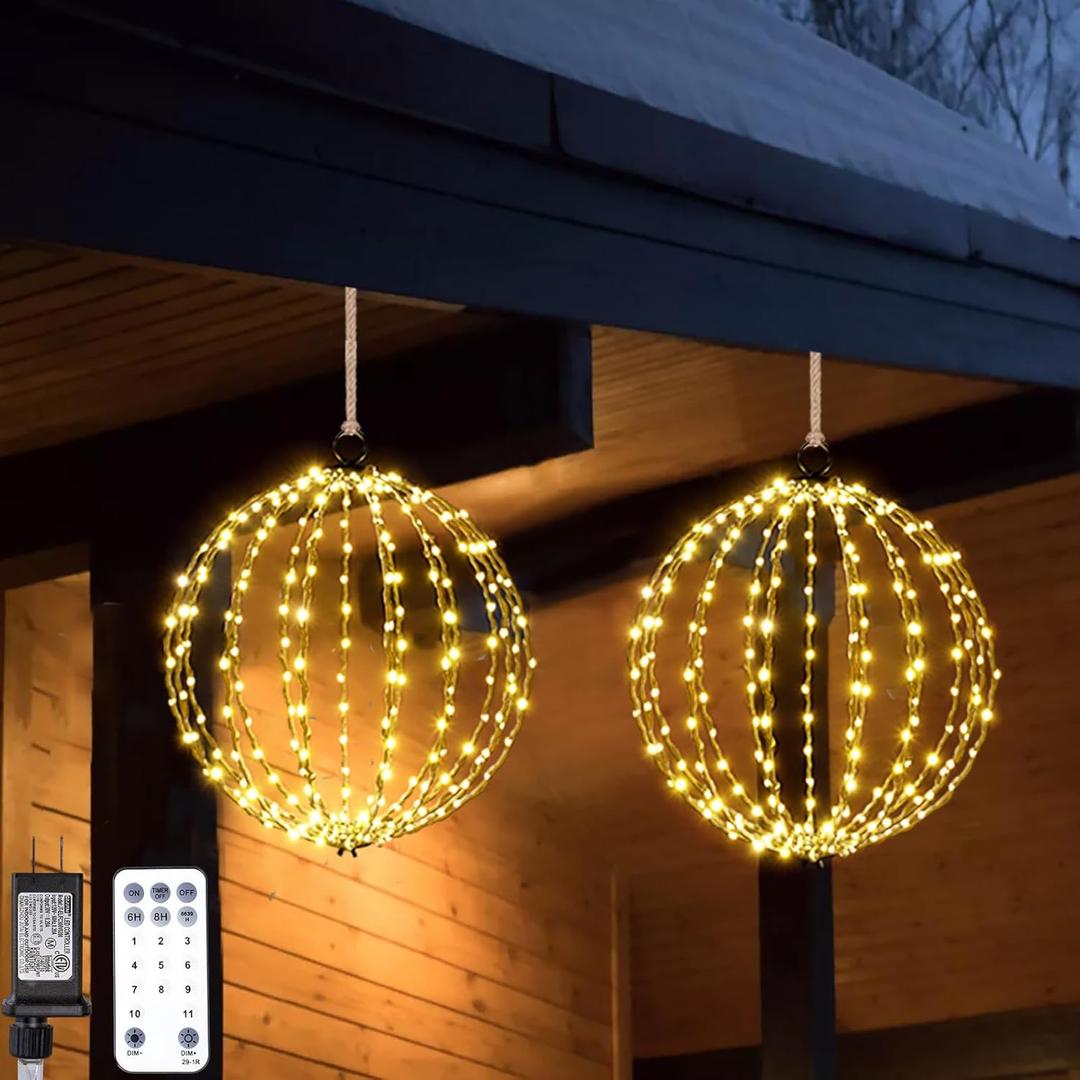 Christmas Sphere Lights Outdoor, Prelit LED Ball Lights Hanging, 16" Large Globe Tree Lights Lantern with 208 LED Foldable, Warm White and Multicolor 2 in 1 Chandelier-2Pack