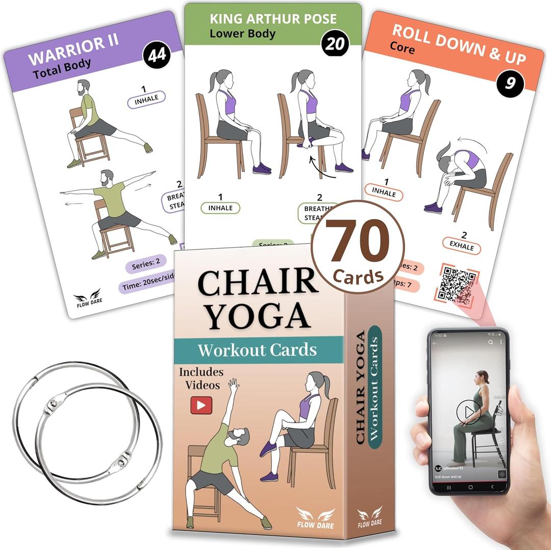 Chair Yoga for Seniors Over 60  70 Exercise Cards with Videos & Workout Plan  Includes 5-Week Challenge, Ebook, Chart & 2 Rings for Easy Organization  Weight Loss Guide for Women & Men