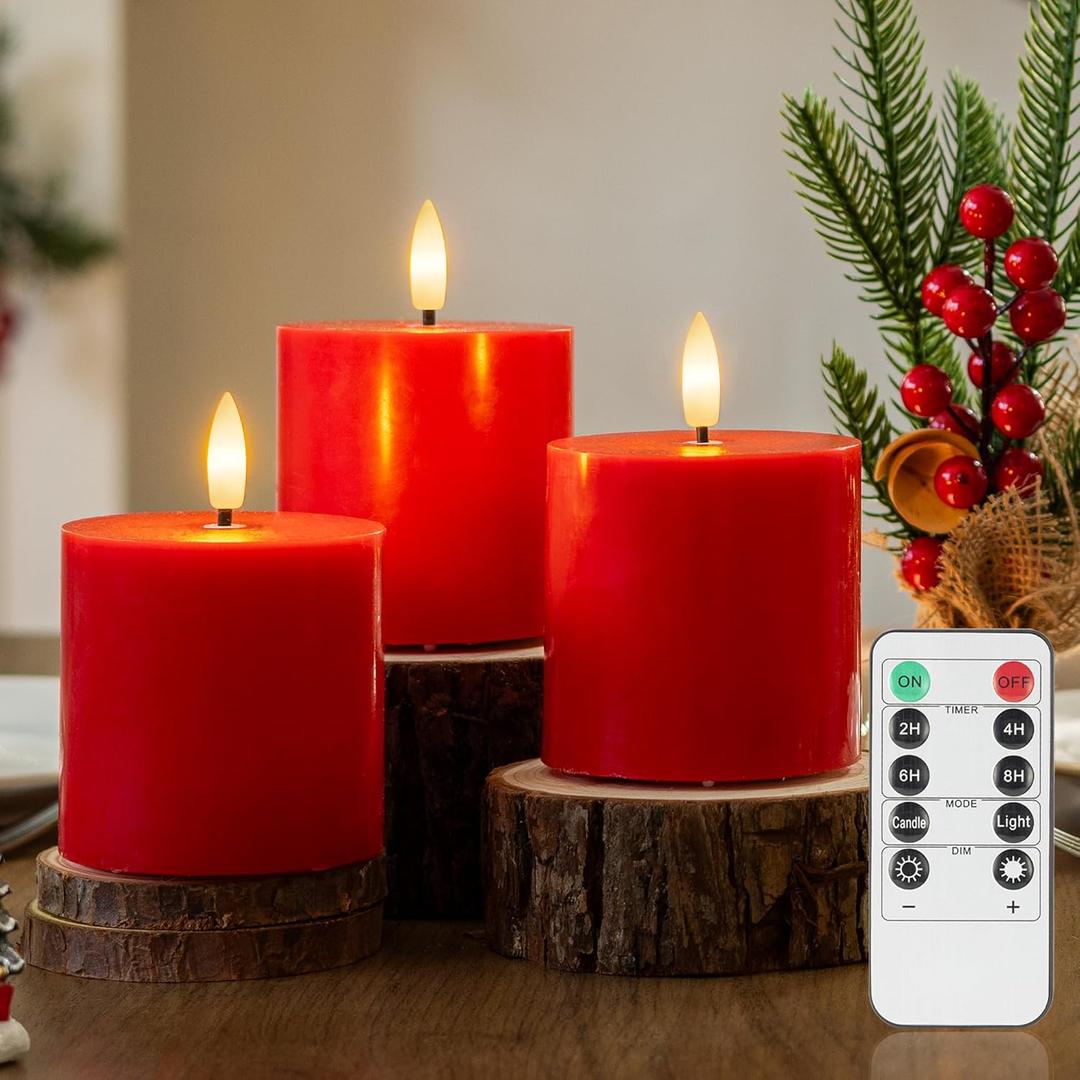 Red Flameless Pillar Candles Set of 3 (3"x3"), Battery Operated LED Candles with Timer and Remote, Real Wax Flickering Light for Christmas Decorations, Romantic Dinner or Holiday Gift