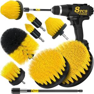 8 Piece Drill Brush Attachments Set, Power Scrubber with Extend Long Attachment，Cleaning Supplies for Bathtub, Shower, Grout, Tile(Yellow)
