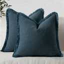 MIULEE Decorative Throw Pillow Covers Neutral Linen Fringe Throw Pillows Set of 2 Navy Blue Boho Farmhouse Cushion Covers with Tassels for Couch Sofa Bed Living Room Spring Home Decor 20x20 Inch