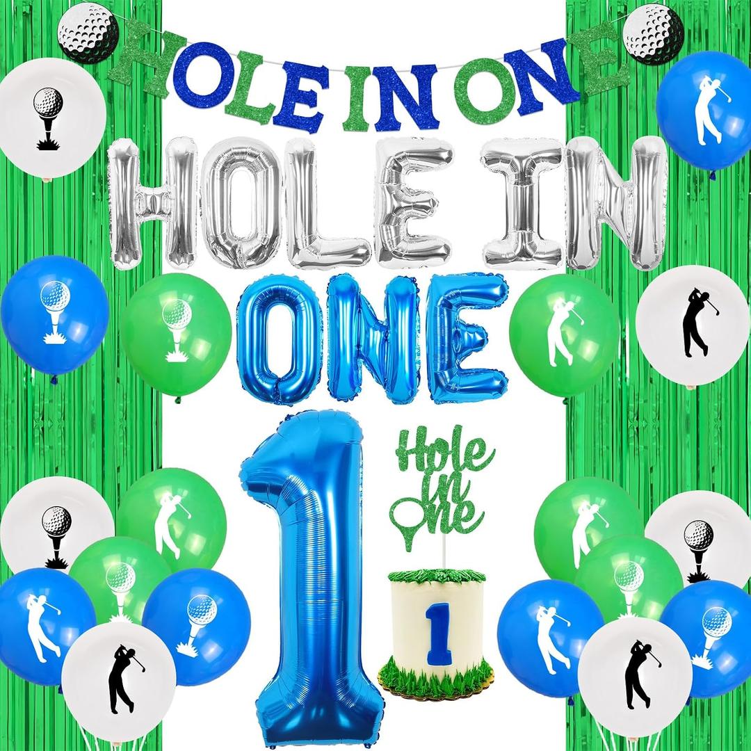 Golf 1st Birthday Decorations - Hole In One Banner and Cake Topper, Number 1 Balloon, Golf Ball Foil Balloons, Tinsel Curtain for Golf Theme Baby First Birthday Outdoor Sports Birthday Party Supplies