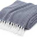 Americanflat 50x60 Throw Blanket - Soft and Breathable Cotton Throw Blanket for Couch, Bed, Chair - Decorative Blankets Perfect for Home or Outdoor Use - Navy Blue and White Herringbone Design