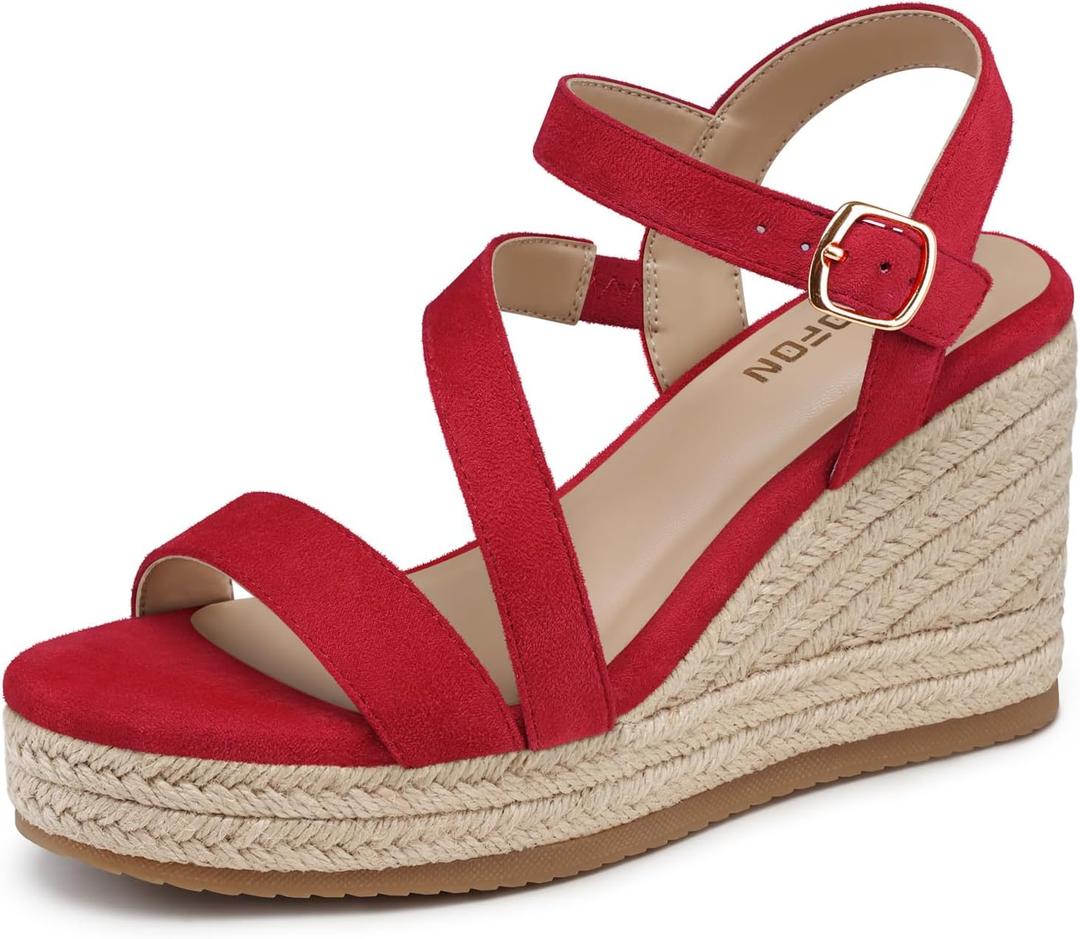 TEMOFON Wedge Sandals for Women Platform: Espadrille Ankle Strap Buckle Wedge - Comfortable Dressy Summer Womens Sandals (7.5, Suede-Red)