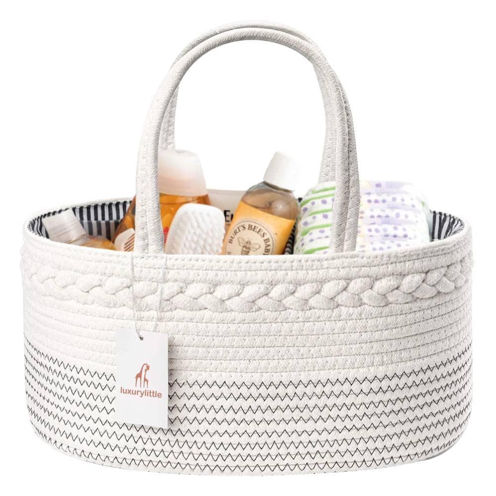 luxury little Diaper Caddy Organizer, Large Cotton Rope Nursery Baby Basket, Changing Table Organizer for Baby Diaper Storage, Portable Car Organizer Removable Divider (Off White, Large)