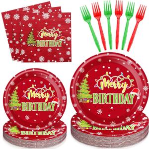 Havawish 96 Pcs Christmas Birthday Decorations Set Merry Birthday Christmas Paper Plates and Napkins Forks Disposable Xmas Tableware Set for Xmas New Year Decorations, 24 Guests (Red)