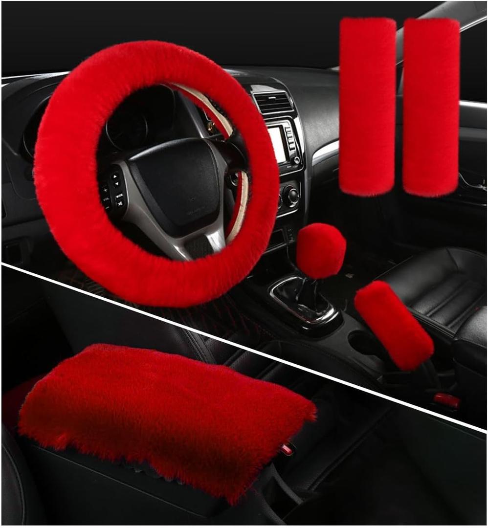 6 PCS Fluffy Steering Wheel Covers Set, 15'' Furry Car Wheel Cover, Soft Gear Shift & Handbrake Cover, Center Console & Seat Belt Shoulder Pads for Women, Car Accessories (Red)