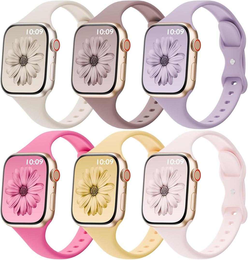 6 Pack Thin Bands Compatible with Apple Watch Band 38mm 40mm 41mm 42mm 44mm 45mm 46mm 49mm Women Men, Sport Silicone Strap Slim Wristband for iWatch Series 11 10 9 8 SE 7 6 5 4 3 2 1 Ultra (Starlight/Smoke Violet/Lavender/Hot Pink/Sunglow/Sand Pink) 6 Pack Thin Bands Compatible with Apple Watch Band 38mm 40mm 41mm 42mm 44mm 45mm 46mm 49mm Women Men, Sport Silicone Strap Slim Wristband for iWatch Series 11 10 9 8 SE 7 6 5 4 3 2 1 Ultra (Starlight/Smoke Violet/Lavender/Hot Pink/Sunglow/Sand Pink)