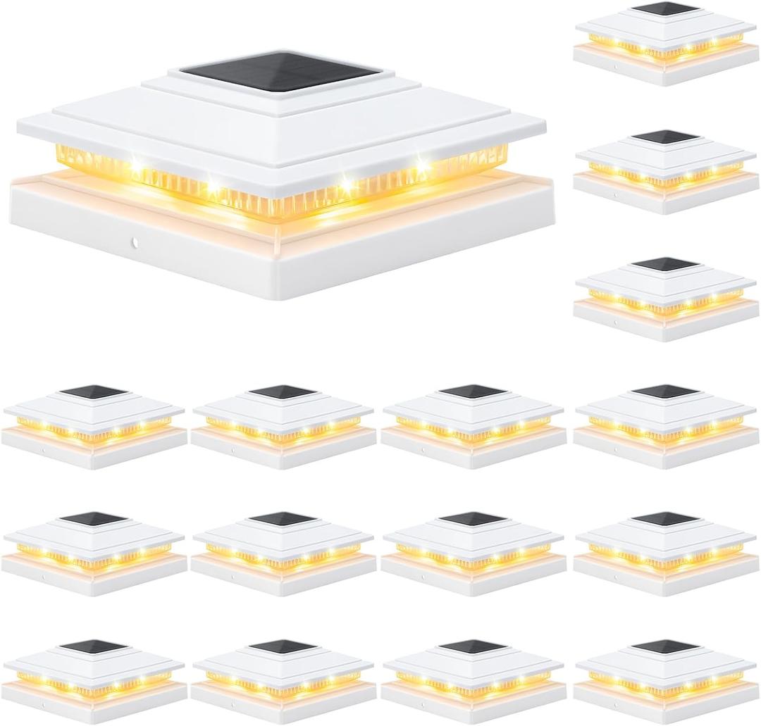 APONUO Solar Post Cap Lights 16-Pack, White IP64 Waterproof 16 LED Fence Post Solar Lights for 4x4 5x5 6x6 Wood/Vinyl Posts, 2-Mode Deck Post Lights Solar Powered, 10-Hr Lighting for Patio Yard Porch