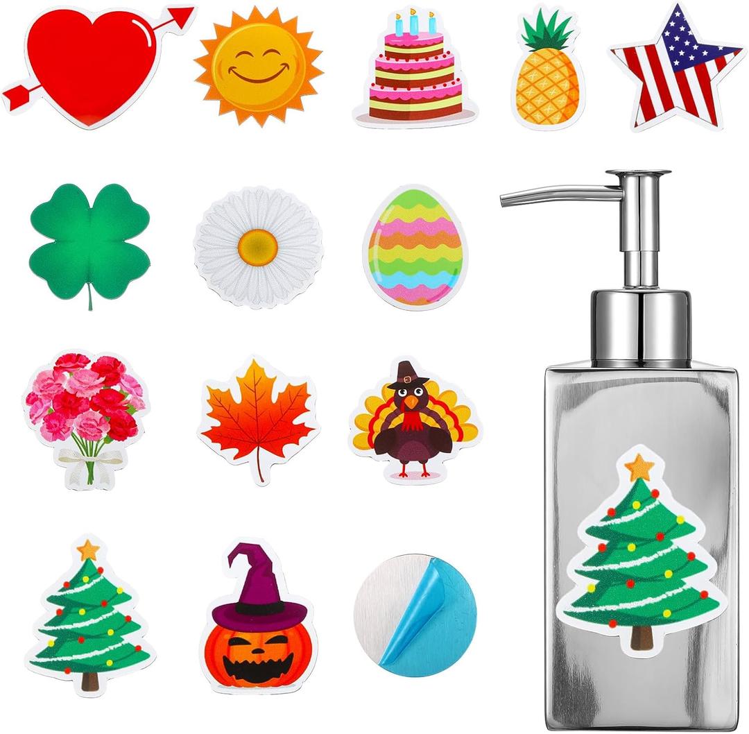 Seasonal Valentine's Day Soap Dispenser with 14 Interchangeable Seasonal Festival Magnets Stainless Lotion St Patricks Easter Holiday Soap Dispenser for Farmhouse Kitchen Bathroom Accessories