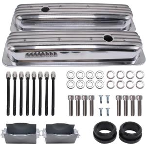 Finned Polished Aluminum Short Valve Covers Center Bolt Short Valve Covers Compatible with SBC 350 5.7 5.0 V8 1987-97