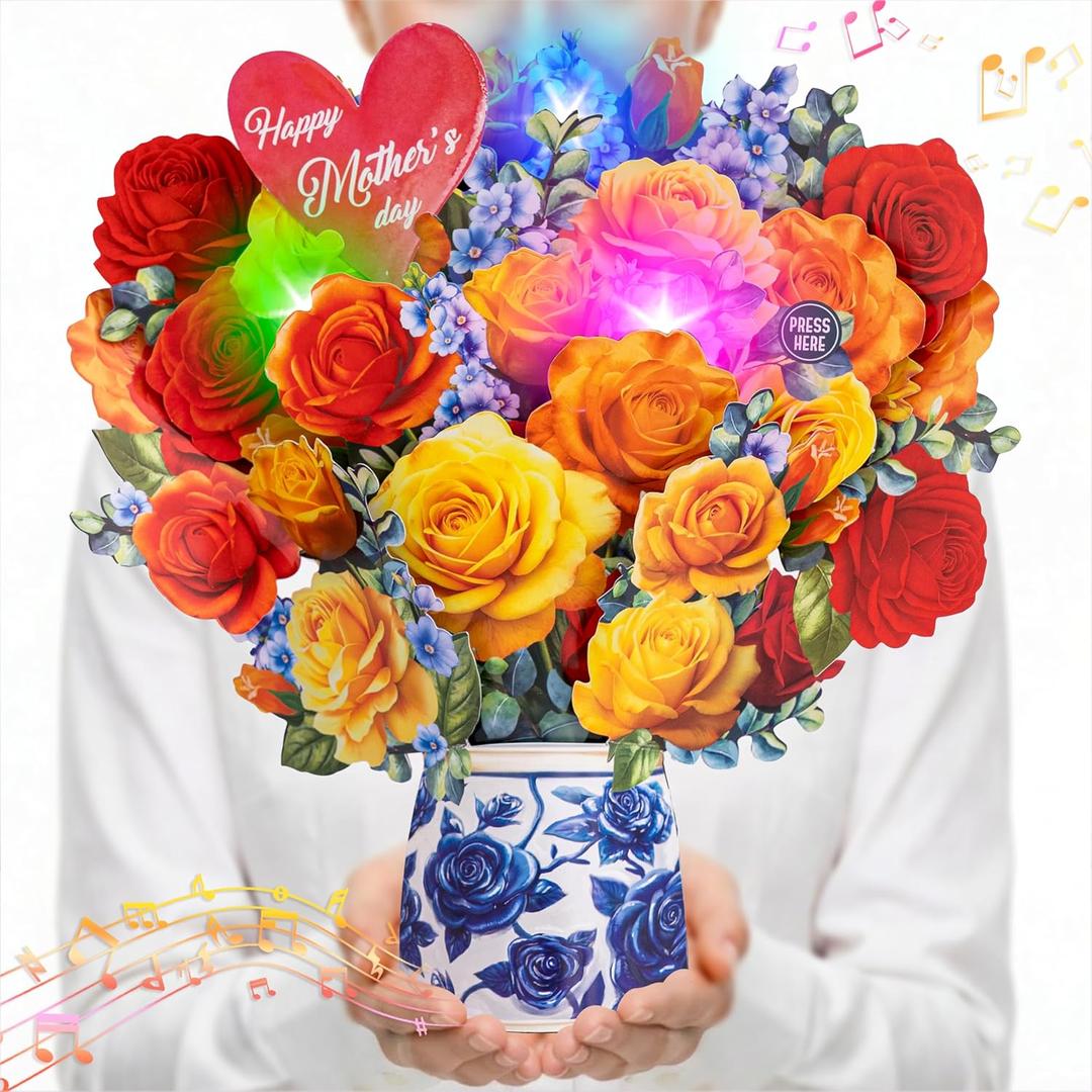 Elegant Roses Light and Music Pop Up Card, 12 Inches Flowers 3D Greeting Card, Happy Mother's Day, Gift For Mother, Grandma, Mom, Stepmom, Wife, Women, Includes Envelope & Message Note