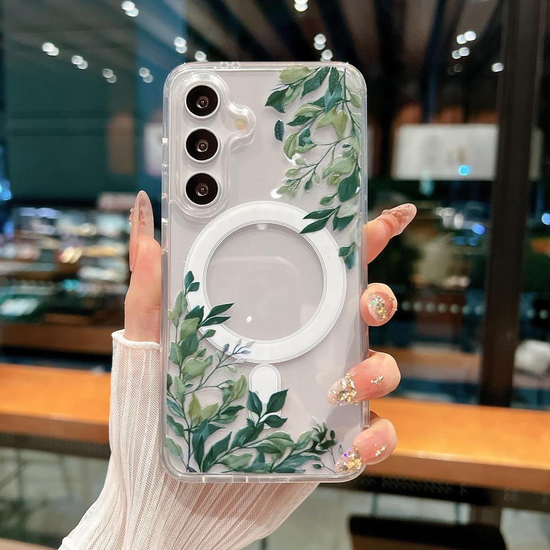 Magnetic for Samsung Galaxy S24 Plus Case Compatible with MagSafe Cute Floral Flower Clear Aesthetic Women Girls Slim Transparent Trendy Shockproof Case for S24 Plus, Green Leaves