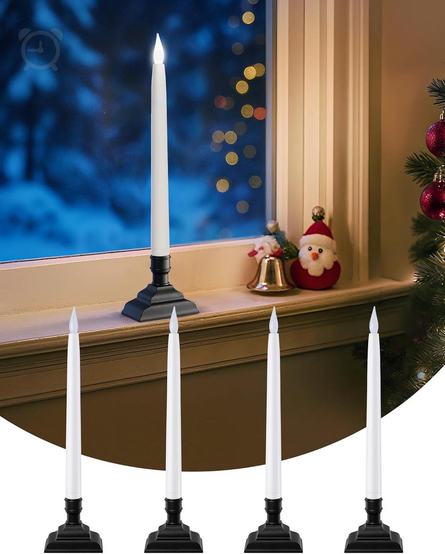 SURAIELEC Christmas Battery Operated Window Candle wiith 6H Timer, 10.5'' Taper Window Candle, Clear Flameless LED Candles, 1.7 Narrow Base, Matte Black, 4-Pack (Rechargeable Battery Not Compatible)