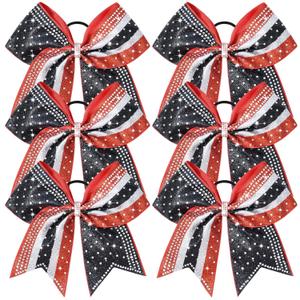 6PCS Glitter Cheer Bow Large Cheer Bows Rhinestones Hair Bows Girls 8"Cheerleading Bows Bulk Elastic Band Ponytail Holder for Teen Girls College Sports Competition