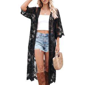 Kimonos for Women Lace Cardigan Swimsuit Cover up Summer Kimono Cardigan Open Front Sheer Long Boho Coverup (Black, One Size)