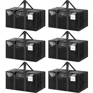 6 Pack Extra Heavy Duty Large Moving Bags with Strong Zipper & Comfortable Handles, Sturdy & Durable Clothes Storage Bags Totes Bins, Packing Moving Boxes for College Supplies, Black