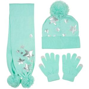 PEAK 2 PEAK Girls 3-Piece Beanie Hat, Scarf & Glove Set  Warm Winter Matching Accessories with Pom-Poms (Foil Stars)