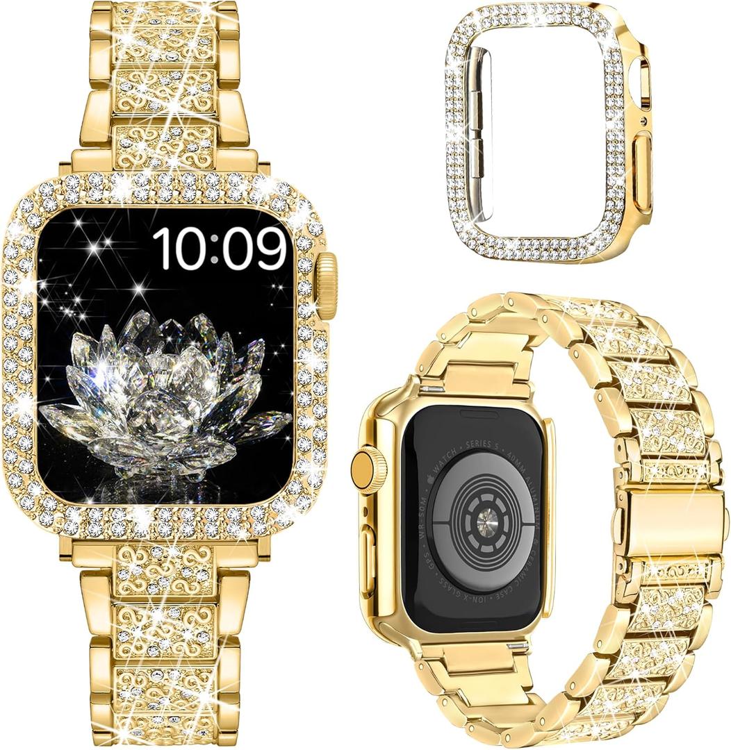 YGTIECS Compatible with Apple Watch Bands for Women 44mm with Protective Bling Case, Jewelry Bling Diamond Replacement Metal Bands with Protective Cover for iWatch Series SE 6 5 4 (Gold / 44mm)