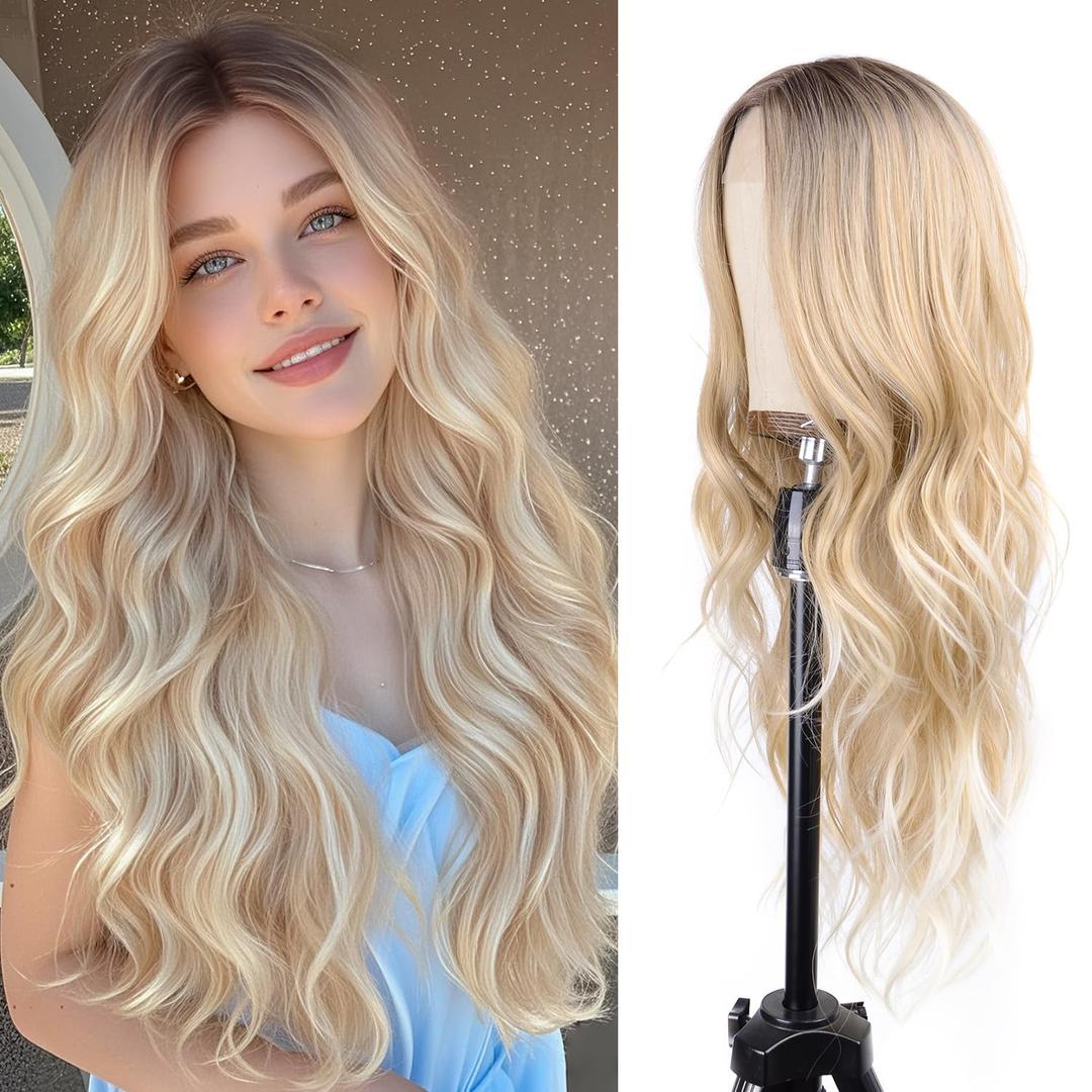 BrittyHair Omber Blonde Long Wavy Wig for Women 26 Inch Middle Part Curly Wig Natural Looking Heat-resistant synthetic fiber wigs for Daily Wear Cosplay and Halloween