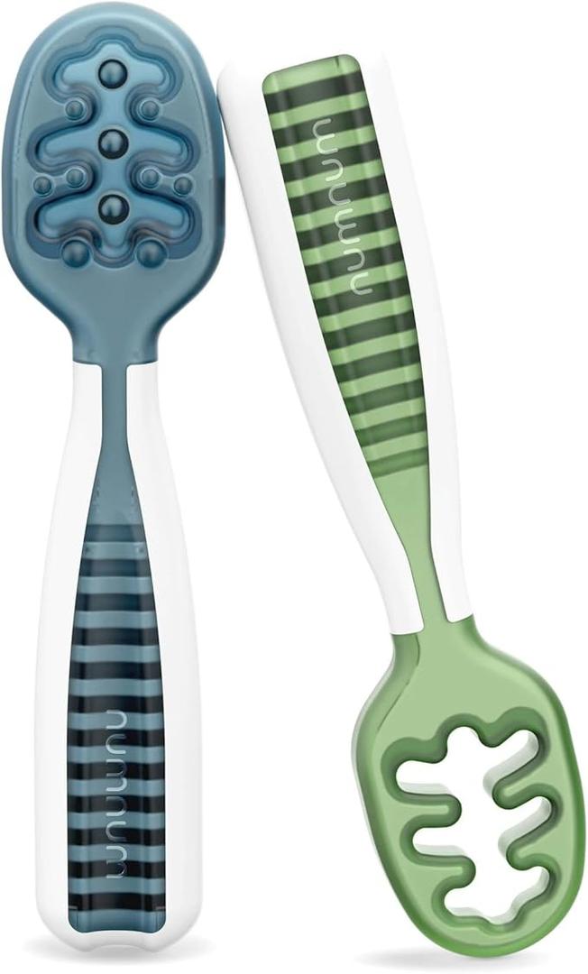 NumNum Baby Spoons Set, Baby Essentials Pre-Spoon GOOtensils for 6+ Months, First Stage Self-Feeding Spoons for Baby Led Weaning (BLW), Silicone Toddler Utensils, BPA-Free, 2 Pack Blue/Green