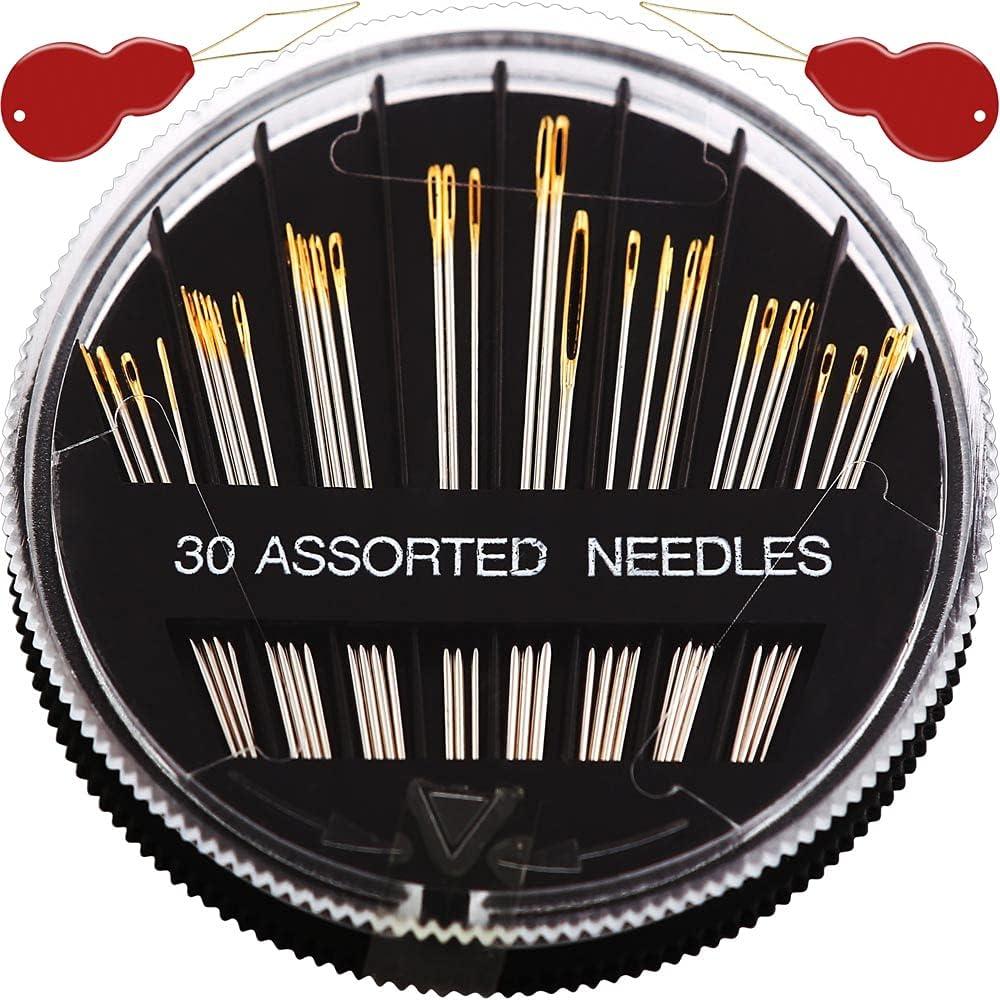 Premium 30/60 Pack Sewing Needles for Hand Sewing Repair with 2 Threaders, 6 Sizes Assorted Large Eye Stitching Needles for Embroidery and Handsewing