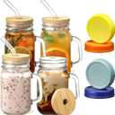 Mason Jars with Handle, Glass Mugs with Straws and Bamboo Lids & Colorful Airtight Lids 4pcs Set, 16oz Drinking Glass Cups, Travel Tumbler for Iced Coffee, Smoothie, Overnight Oats Containers