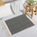 Lahome Belle Boho Bathroom Rugs, Small 2x3 Front Door Mat Lightweight Kitchen Rug Woven Cotton Area Rug with Tassels, Farmhouse Washable Black and White Throw Rug Low Pile Carpet for Entry Laundry