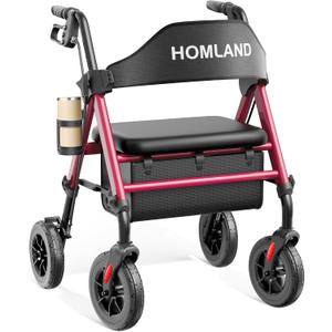 HOMLAND Walkers for Seniors with Seat, Foldable Rollator Walker, Reinforced Aluminum Frame, 8" Big Rubber Wheels for All Terrain, Height Adjustable Lightweight Rolling Walker (400 Pound, Red)