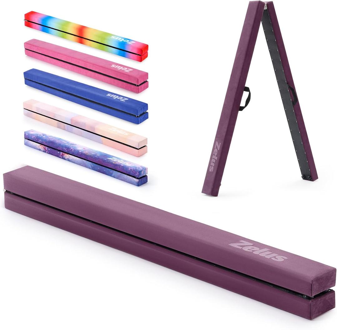 ZELUS 8' Folding Gymnastics Balance Beam, Floor Balance Beam w/Carry Handles Anti-Slip Base for Kids, Beginners & Professional Gymnasts (Purple)
