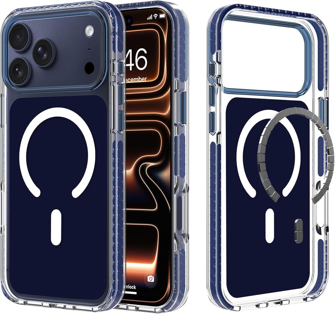 tharlet Strong Magnetic for iPhone 17 Pro Case Blue Clear Protective | Clear Shockproof Protective [MagSafe Compatible] Full Camera Protection With Screen Protector, Military-Grade Drop Protection