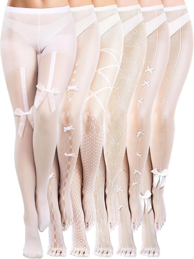 Ramede 6 Pairs Women Fishnet Thigh High Stockings Waist Tights Bow Patterned Goth Fishnet Leggings Pantyhose for Halloween (Small-Medium, White)